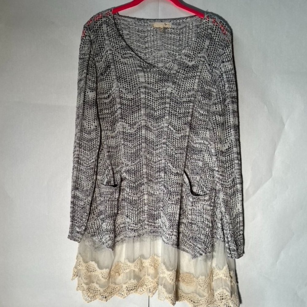 Gray Knit Tunic Sweater with Cream Lace Hem